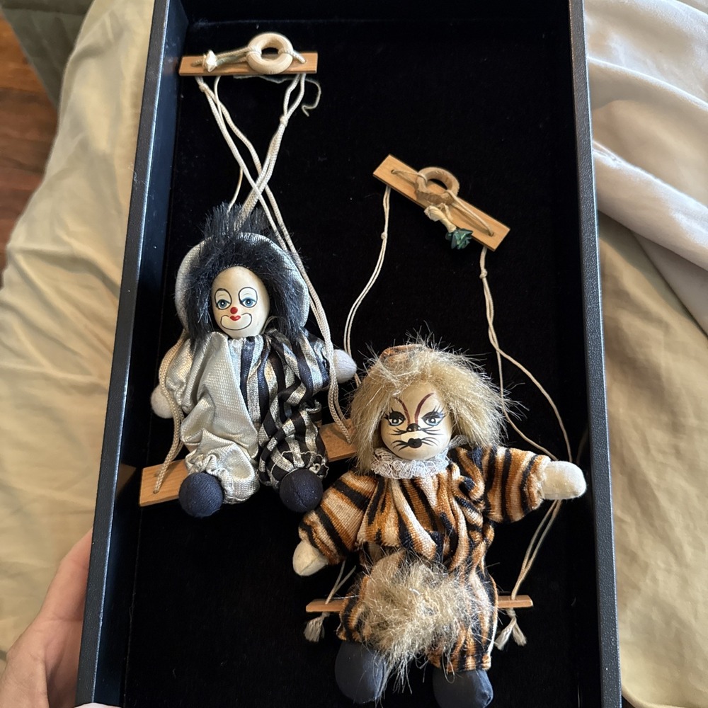 Vintage Clown dolls on Swing With Cat Face Doll 5" w swing 9" Sand Filled 4003